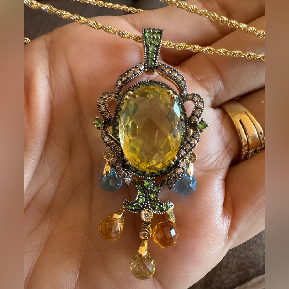 $4799 LeVian 14K Lemon Quartz, Blue Topaz, Tsavorite, Chocolate Diamonds on 17”